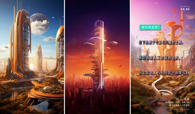（圖為人力資源高管與AI共創(chuàng)的海報，通過三輪文本描述交互，以未來城市的車水馬龍來體現(xiàn)人與科技的關系）