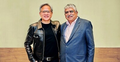 圖為英偉達創(chuàng)始人兼首席執(zhí)行官Jensen Huang 與Infosys聯(lián)合創(chuàng)始人兼主席Nandan Nilekani