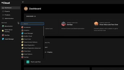 Unity Cloud 儀表板預(yù)覽，展示了基于文本和基于圖標(biāo)的側(cè)邊和頂部菜單