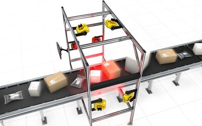 Cognex Modular Vision Tunnel 配備 6 個(gè)安裝在框架上的 DataMan 380 視覺(jué)系統(tǒng)，安裝在運(yùn)送各種包裹的傳送帶上。