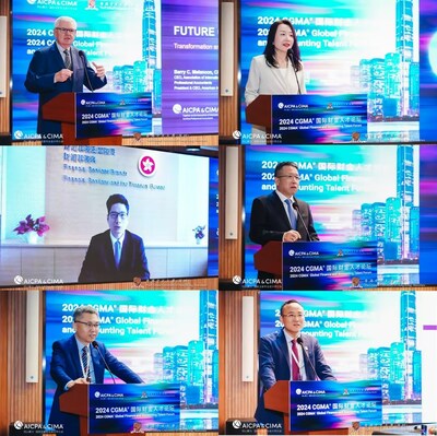 演講及致辭領(lǐng)導(dǎo)、嘉賓：左上：AICPA & CIMA國際注冊(cè)專業(yè)會(huì)計(jì)師公會(huì)全球首席執(zhí)行官柏瑞·梅蘭肯；左中：香港特區(qū)政府財(cái)經(jīng)事務(wù)及庫務(wù)局副局長陳浩濂；左下：香港中文大學(xué)（深圳）協(xié)理副校長（學(xué)生事務(wù)），校長講座教授，深圳高等金融研究院副院長王叢教授；右上：AICPA & CIMA國際注冊(cè)專業(yè)會(huì)計(jì)師公會(huì)北亞區(qū)總裁李穎；右中：深圳前海港深現(xiàn)代服務(wù)業(yè)合作區(qū)管理局副局長 袁富勇；右下：香港中文大學(xué)（深圳）經(jīng)管學(xué)院執(zhí)行院長，校長講座教授，深圳高等金融研究院金融科技與社會(huì)金融研究中心主任，深圳數(shù)據(jù)經(jīng)濟(jì)研究院副院長張博輝教授