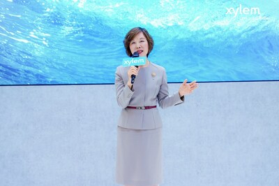 環(huán)博會(huì)新品發(fā)布現(xiàn)場(chǎng)，賽萊默中國(guó)及亞洲區(qū)總裁呂淑萍致辭