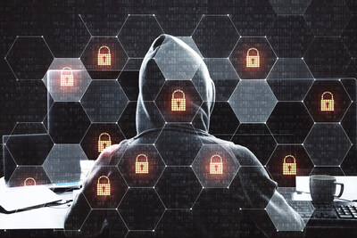 Cyber attack in process with hacker back and digital security icons in cells.