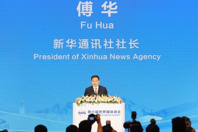 10月14日，新華通訊社社長(zhǎng)傅華在第六屆世界媒體峰會(huì)上發(fā)言