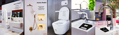 （從左至右分別為）洛文套間、纖格系列溫暖金配色方案、睿樂掛墻式智能座廁、纖流感應(yīng)面盆龍頭、慧廚免觸感應(yīng)抽拉龍頭，以強大的產(chǎn)品陣容彰顯美標(biāo)實力