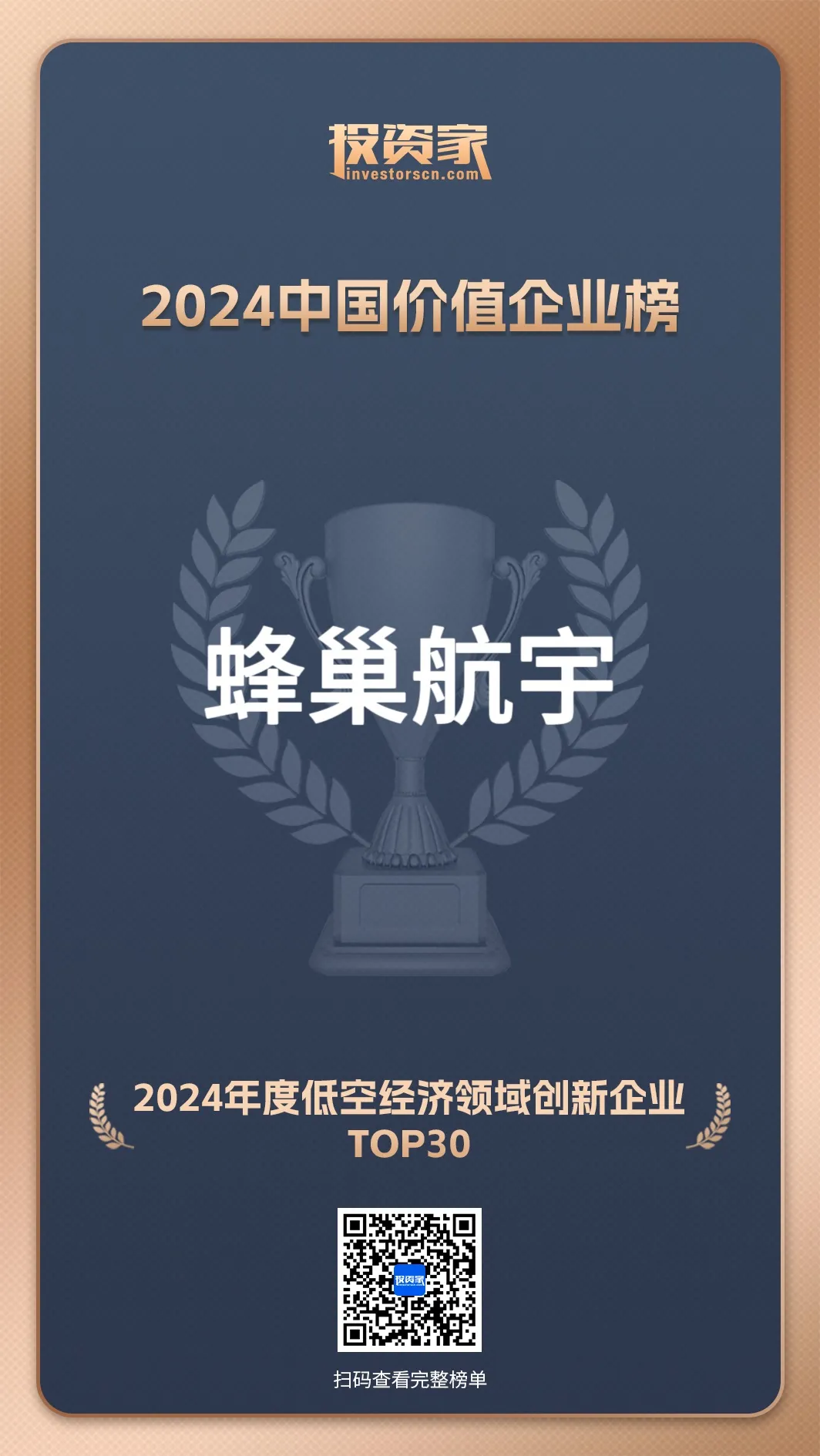 蜂巢航宇榮膺投資家網(wǎng)“2024低空經(jīng)濟(jì)領(lǐng)域創(chuàng)新企業(yè)TOP30”