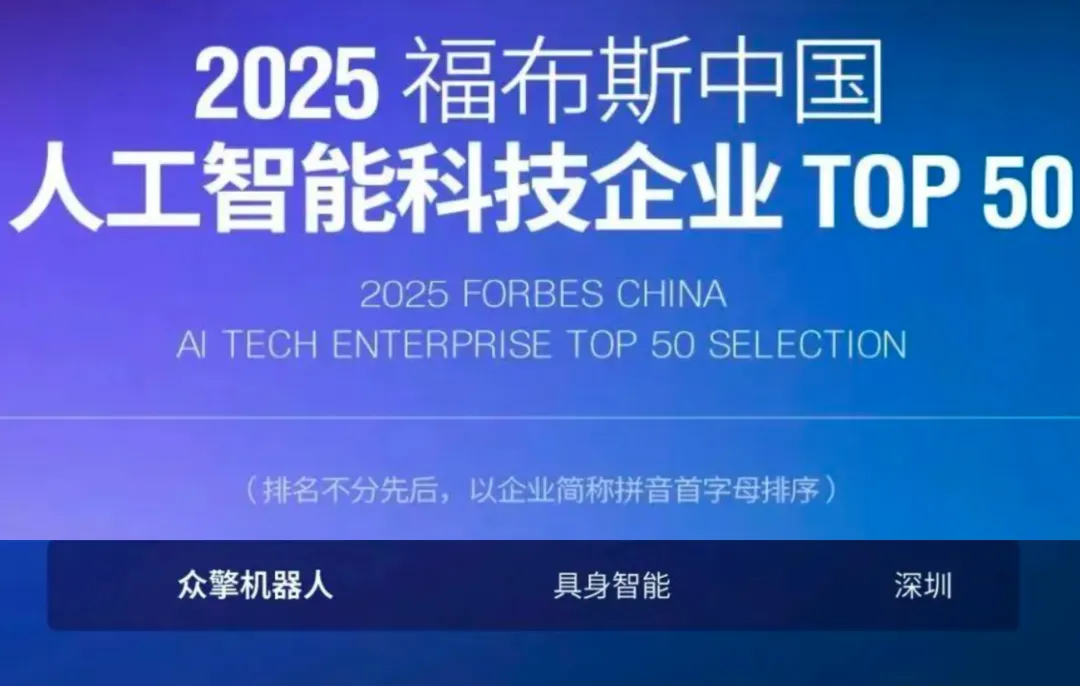 眾擎榮登2025福布斯中國人工智能科技企業(yè)TOP 50！