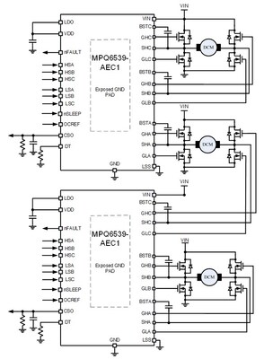 兩個(gè)MPQ6539-AEC1級(jí)聯(lián)驅(qū)動(dòng)三個(gè)BDC典型應(yīng)用圖
